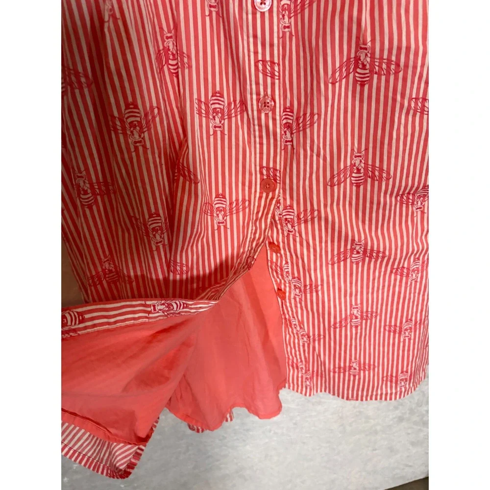 Red‎ White Striped Bee Print Button Front Tiered Midi Skirt Womens